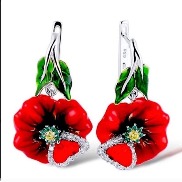 Floral Enamel Pendant Necklace set Red Zircon Silver Chain Dangle Earrings - Picture 7 of 11